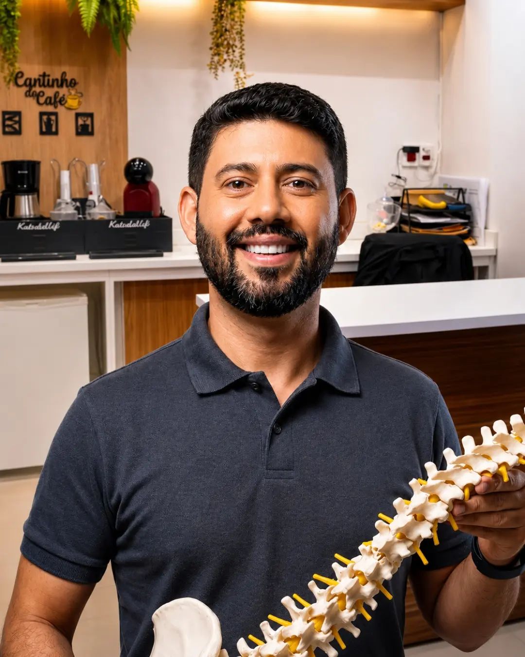 Dr. Welber Lacerda segurando modelo anatômico da coluna vertebral